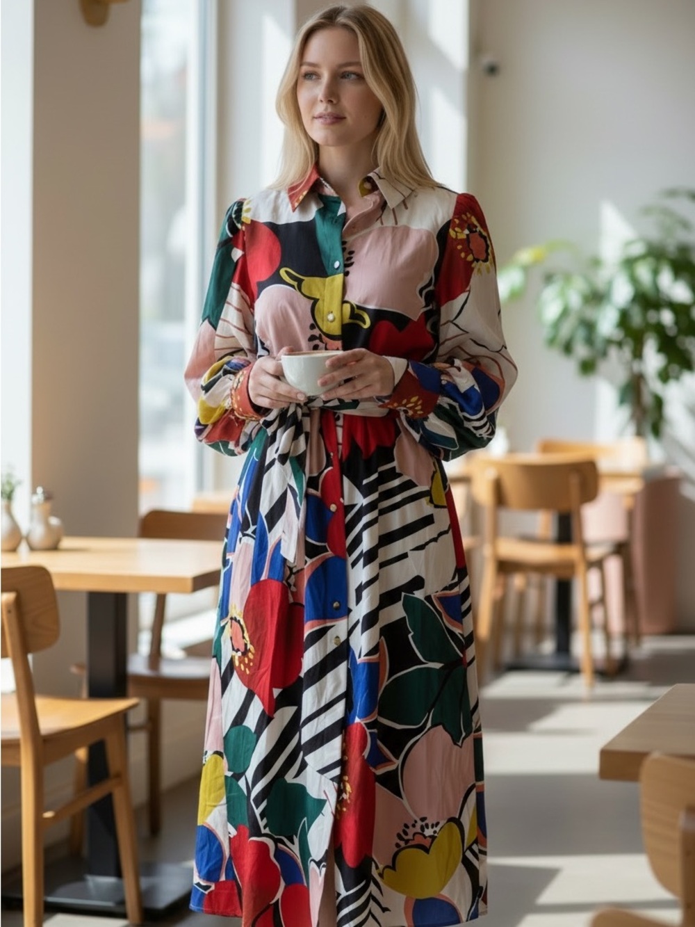 NWT Abstract Floral Multicolor Maxi Shirt Dress with Belt - Picture 2 of 10